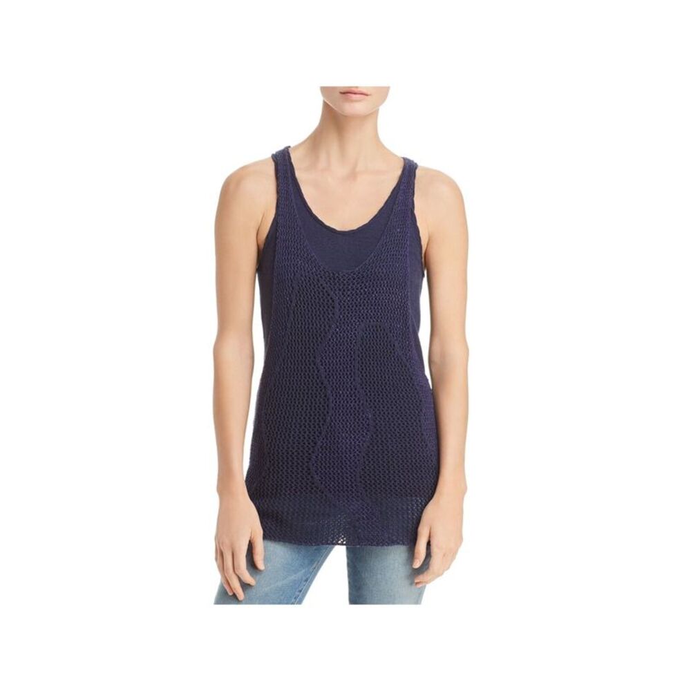 DONNA KARAN Womens Navy Textured Layered Sleeveless Scoop Neck Tank Top S - Picture 1 of 2